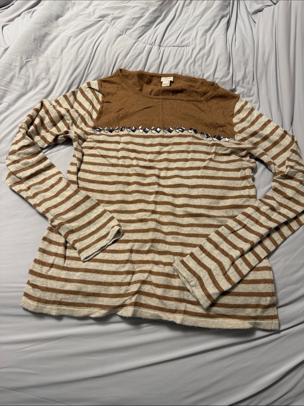 J. Crew Brown and Cream Striped Crewneck Sweater with Embellished Yoke